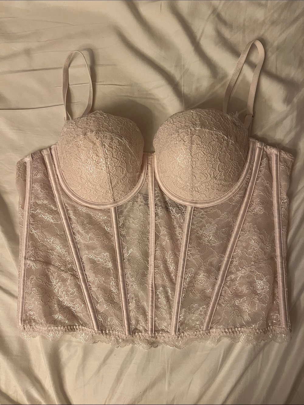 Victoria's Secret Lace Longline Bustier Bra in Light Pink Large w/ Med Thong